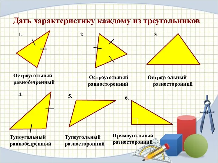 Дать характеристику каждому из треугольников 1. 2. 3. Остроугольный равнобедренный Остроугольный равносторонний Остроугольный