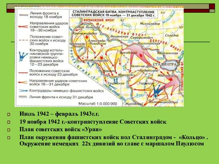 Июль 1942 – февраль 1943г.г. 19 ноября 1942 г.-контрнаступление Советских войск План советских