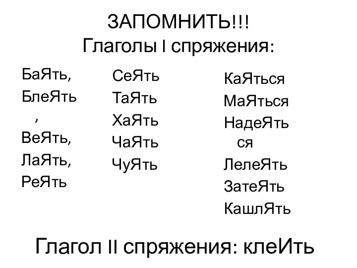 ЗАПОМНИТЬ!!! Глаголы I спряжения: БаЯть, БлеЯть, ВеЯть, ЛаЯть, РеЯть СеЯть