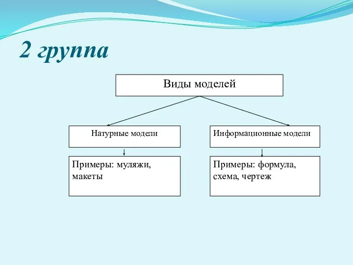 2 группа Виды моделей Натурные модели Информационные модели Примеры: муляжи, макеты Примеры: формула, схема, чертеж