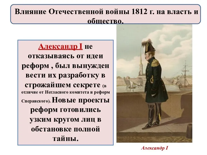 Александр I не отказываясь от идеи реформ , был вынужден