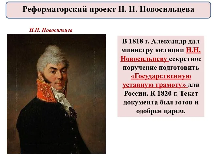 В 1818 г. Александр дал министру юстиции Н.Н. Новосильцеву секретное