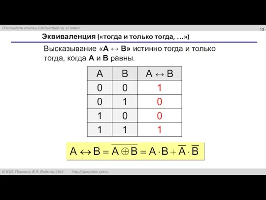 Эквиваленция («тогда и только тогда, …») Высказывание «A ↔ B» истинно тогда и