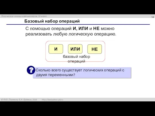 Базовый набор операций С помощью операций И, ИЛИ и НЕ можно реализовать любую логическую операцию.