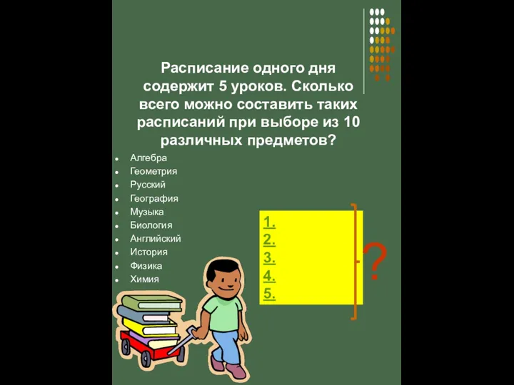 Расписание одного дня содержит 5 уроков. Сколько всего можно составить