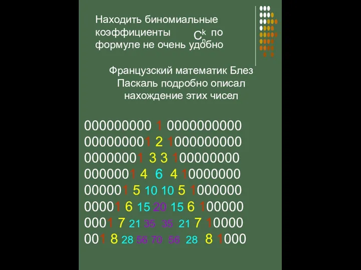 Французский математик Блез Паскаль подробно описал нахождение этих чисел 000000000