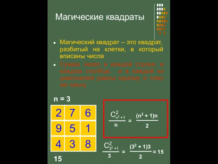 Магические квадраты Магический квадрат – это квадрат, разбитый на клетки,