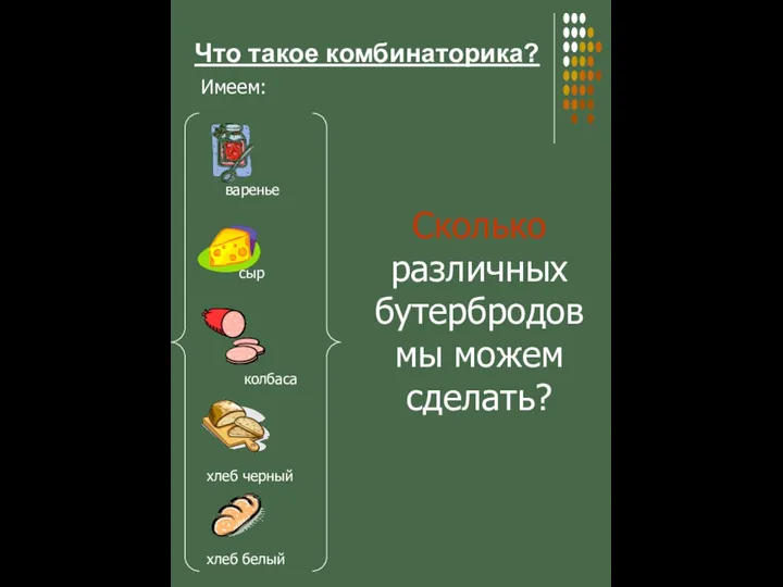 Что такое комбинаторика? Имеем: варенье сыр колбаса хлеб черный хлеб