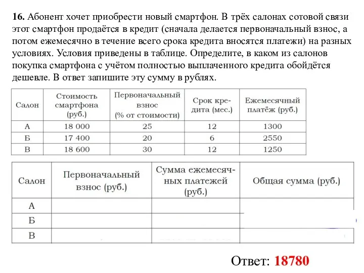 16. Абонент хочет приобрести новый смартфон. В трёх салонах сотовой