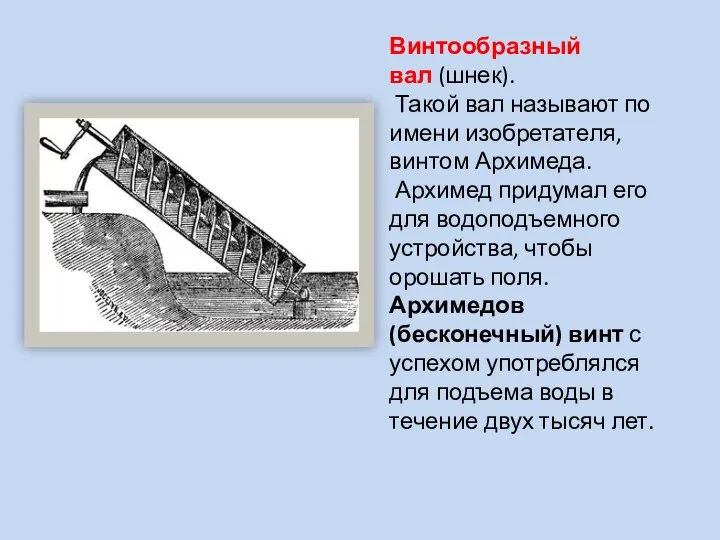 Винтообразный вал (шнек). Такой вал называют по имени изобретателя, винтом