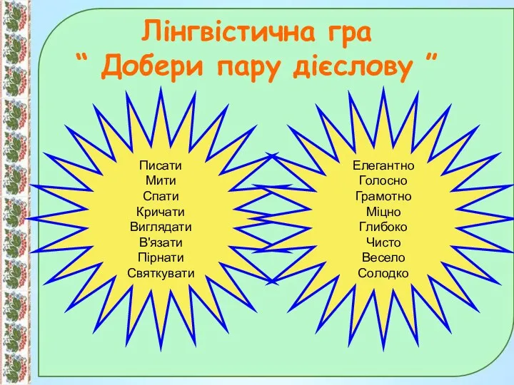 Лінгвістична гра “ Добери пару дієслову ” Писати Мити Спати