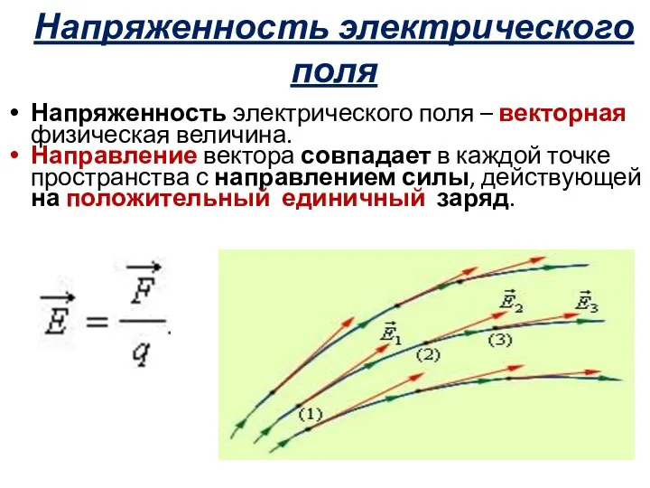 Напряженность электрического поля Напряженность электрического поля – векторная физическая величина. Направление вектора совпадает