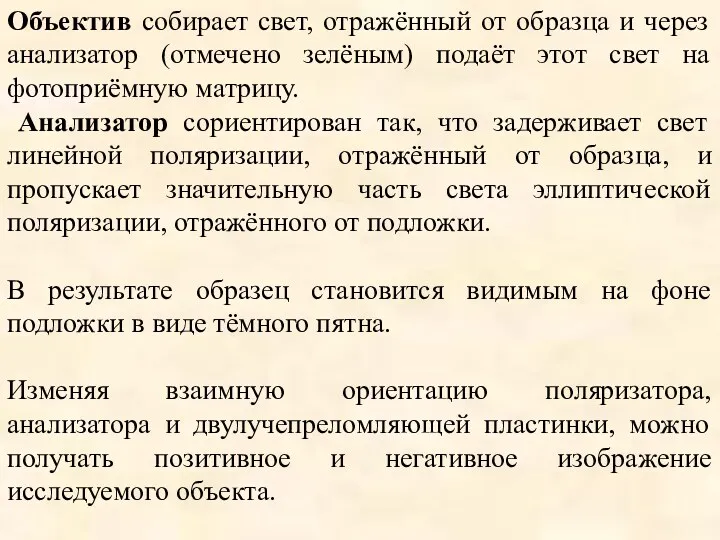 Объектив собирает свет, отражённый от образца и через анализатор (отмечено