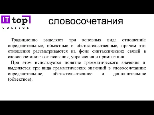 словосочетания Традиционно выделяют три основных вида отношений: определительные, объектные и