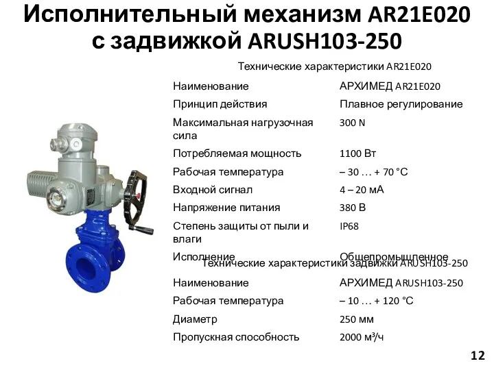 12 Исполнительный механизм AR21E020 с задвижкой ARUSH103-250