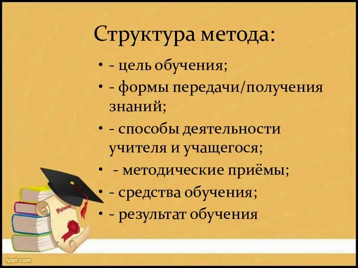 Структура метода: - цель обучения; - формы передачи/получения знаний; -