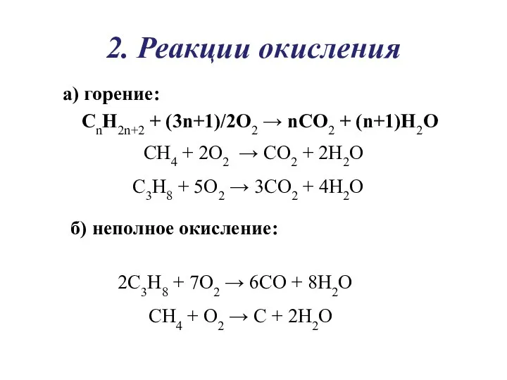 2. Реакции окисления CnH2n+2 + (3n+1)/2O2 → nCO2 + (n+1)H2O