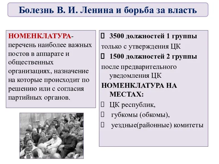 НОМЕНКЛАТУРА- перечень наиболее важных постов в аппарате и общественных организациях,