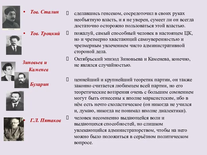 Тов. Сталин Тов. Троцкий Зиновьев и Каменев Бухарин Г.Л. Пятаков