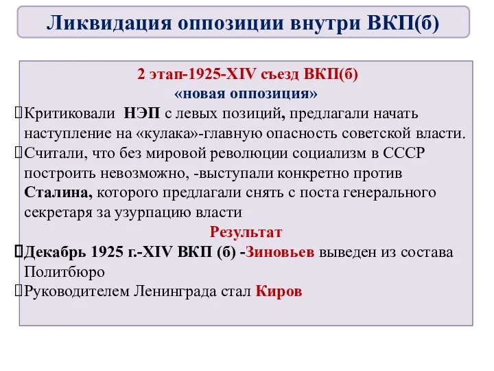 2 этап-1925-XIV съезд ВКП(б) «новая оппозиция» Критиковали НЭП с левых