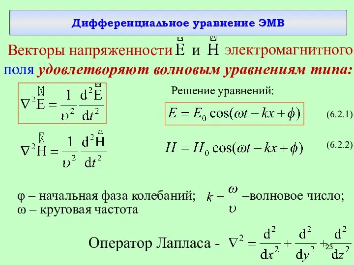 Дифференциальное уравнение ЭМВ Векторы напряженности и поля удовлетворяют волновым уравнениям