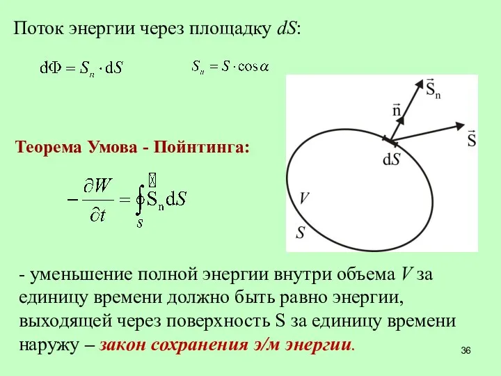 Поток энергии через площадку dS: Теорема Умова - Пойнтинга: -