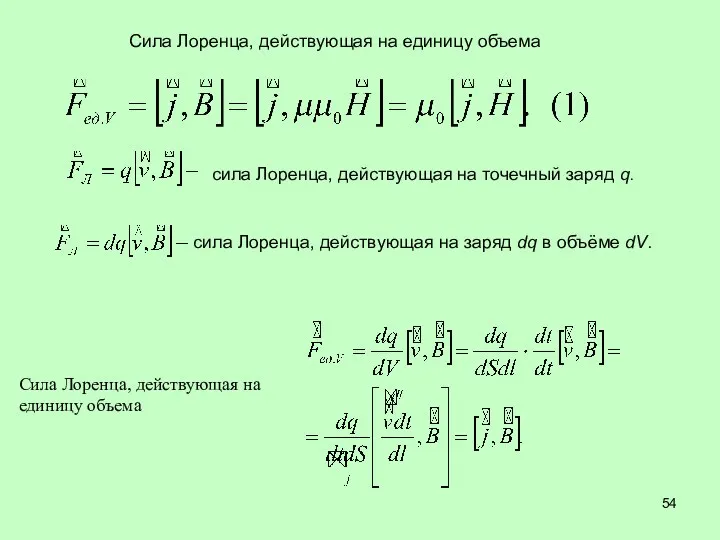 Сила Лоренца, действующая на единицу объема сила Лоренца, действующая на