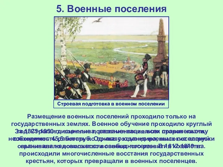 5. Военные поселения Строевая подготовка в военном поселении Размещение военных