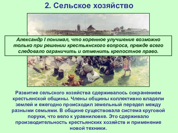 2. Сельское хозяйство Развитие сельского хозяйства сдерживалось сохранением крестьянской общины.