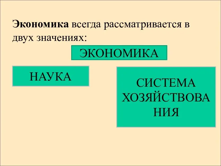 Экономика всегда рассматривается в двух значениях: ЭКОНОМИКА НАУКА СИСТЕМА ХОЗЯЙСТВОВАНИЯ