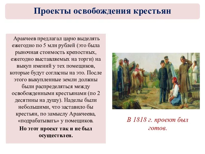 Аракчеев предлагал царю выделять ежегодно по 5 млн рублей (это была рыночная стоимость