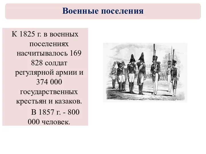 К 1825 г. в военных поселениях насчитывалось 169 828 солдат регулярной армии и