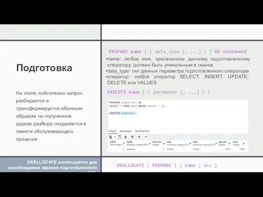 Подготовка На этапе подготовки запрос разбирается и трансформируется обычным образом,