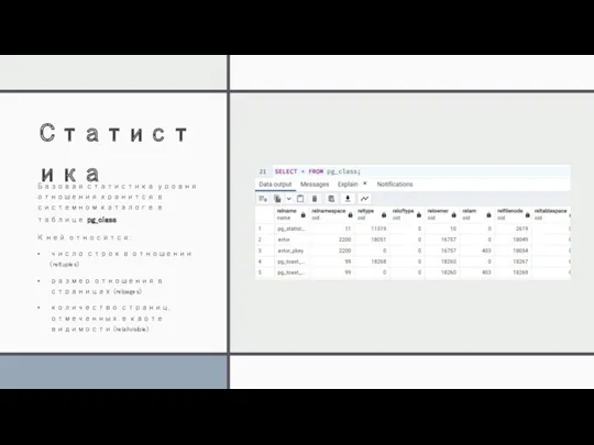 Статистика Базовая статистика уровня отношения хранится в системном каталоге в