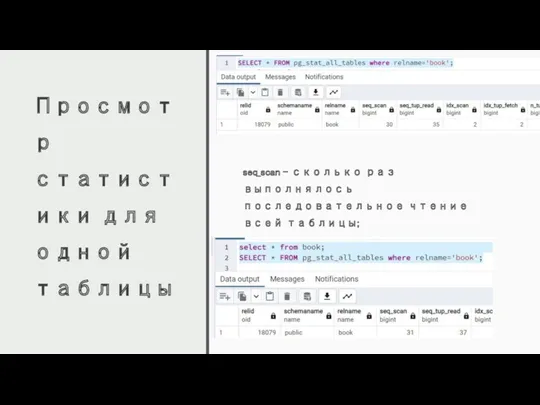 Просмотр статистики для одной таблицы seq_scan – сколько раз выполнялось последовательное чтение всей таблицы;