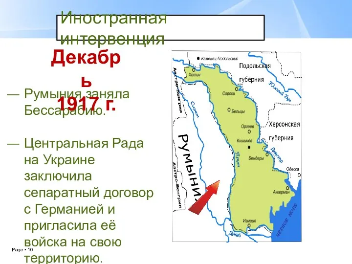 Иностранная интервенция Румыния заняла Бессарабию. Центральная Рада на Украине заключила сепаратный договор с