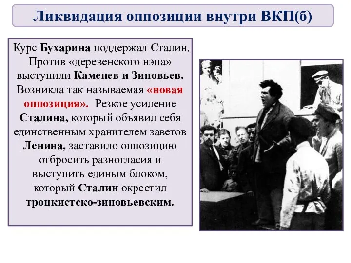 Курс Бухарина поддержал Сталин. Против «деревенского нэпа» выступили Каменев и