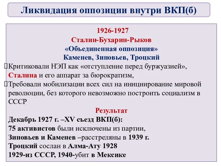 1926-1927 Сталин-Бухарин-Рыков «Объединенная оппозиция» Каменев, Зиновьев, Троцкий Критиковали НЭП как