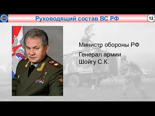 Руководящий состав ВС РФ 12 Министр обороны РФ Генерал армии Шойгу С.К.