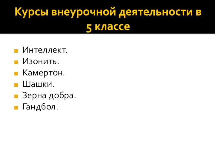 Курсы внеурочной деятельности в 5 классе Интеллект. Изонить. Камертон. Шашки. Зерна добра. Гандбол.