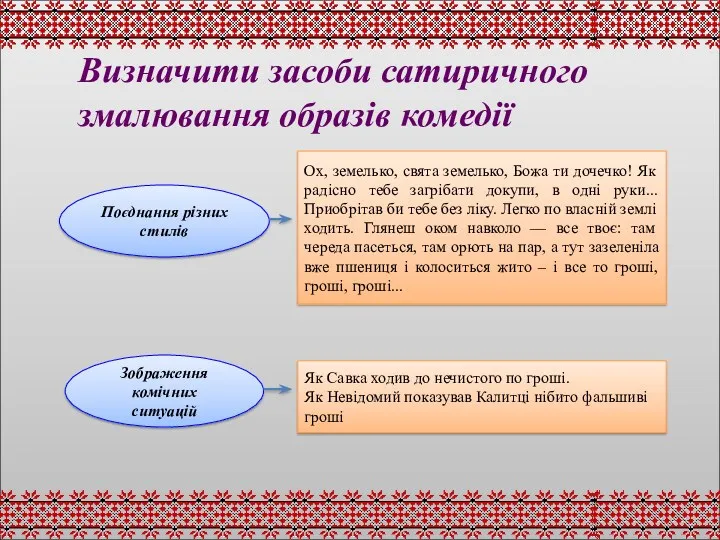 Визначити засоби сатиричного змалювання образів комедії Поєднання різних стилів Ох,