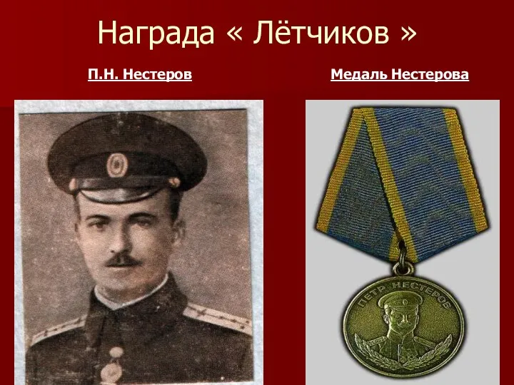 Награда « Лётчиков » П.Н. Нестеров Медаль Нестерова