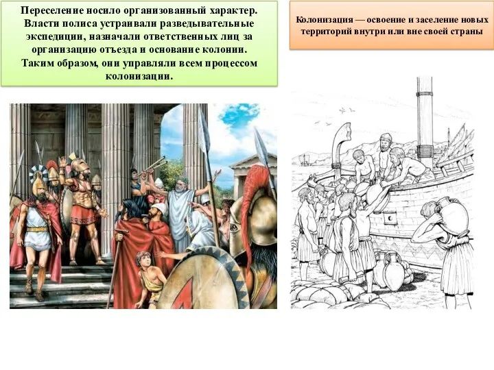 Переселение носило организованный характер. Власти полиса устраивали разведывательные экспедиции, назначали