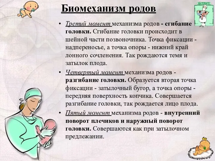 Биомеханизм родов Третий момент механизма родов - сгибание головки. Сгибание