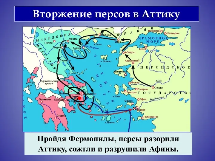 Вторжение персов в Аттику Пройдя Фермопилы, персы разорили Аттику, сожгли и разрушили Афины.