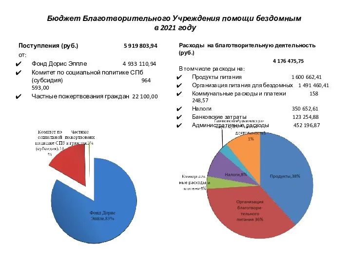 Бюджет Благотворительного Учреждения помощи бездомным в 2021 году Поступления (руб.)