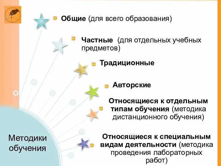 Традиционные Относящиеся к отдельным типам обучения (методика дистанционного обучения) Общие