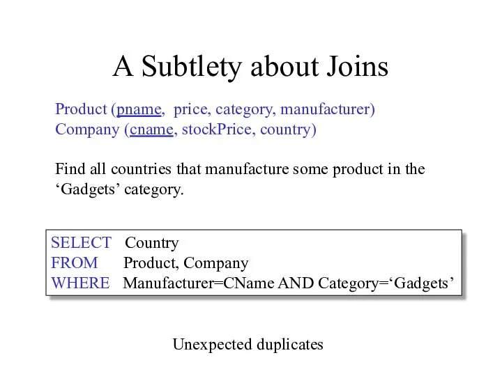 A Subtlety about Joins Product (pname, price, category, manufacturer) Company