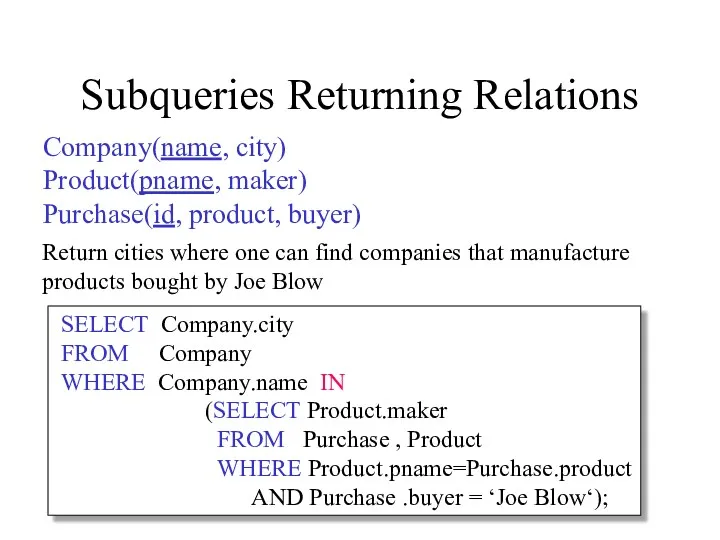 Subqueries Returning Relations SELECT Company.city FROM Company WHERE Company.name IN