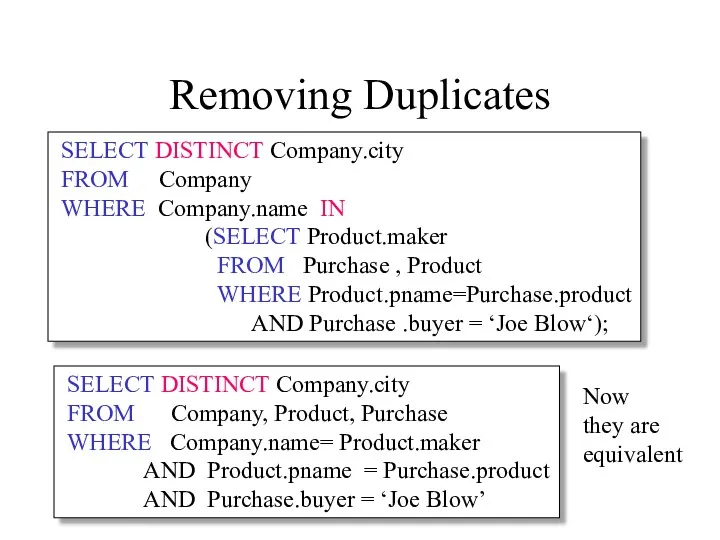 Removing Duplicates Now they are equivalent SELECT DISTINCT Company.city FROM